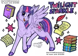 Size: 3269x2339 | Tagged: safe, artist:artistnjc, derpibooru import, twilight sparkle, twilight sparkle (alicorn), alicorn, pony, g4, book, character name, cutie mark, image, inkwell, paper, parchment, png, quill, simple background, smiling, solo, spread wings, traditional art, wings