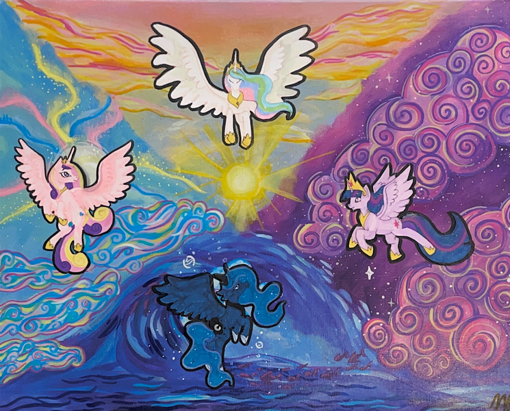 Size: 1144x921 | Tagged: safe, artist:velaquill, derpibooru import, princess cadance, princess celestia, princess luna, twilight sparkle, twilight sparkle (alicorn), alicorn, pony, g4, acrylic painting, alicorn tetrarchy, crown, eyes closed, female, flying, image, jewelry, jpeg, mare, peytral, regalia, spread wings, sun, traditional art, wings