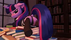 Size: 2560x1440 | Tagged: suggestive, artist:tidal drift, derpibooru import, twilight sparkle, pony, g4, 3d, bell, bell collar, book, clothes, collar, female, image, mare, open pony, panties, png, second life, skirt, socks, solo, solo female, stockings, thigh highs, underwear