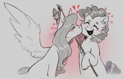 Size: 968x621 | Tagged: safe, artist:vojit, derpibooru import, fluttershy, pinkie pie, earth pony, pegasus, pony, g4, eyes closed, female, floating heart, gray background, grayscale, heart, holly, holly mistaken for mistletoe, image, kiss on the cheek, kissing, lesbian, mare, monochrome, open mouth, open smile, partial color, png, ship:flutterpie, shipping, simple background, smiling, spread wings, unshorn fetlocks, wings