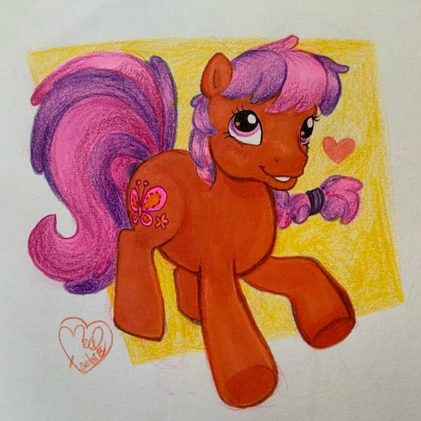 Size: 2048x2048 | Tagged: safe, artist:horse-time-babey, derpibooru import, scootaloo (g3), earth pony, pony, g3, braid, cute, female, filly, foal, heart, image, jpeg, signature, smiling, solo, traditional art