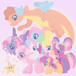 Size: 1280x1280 | Tagged: safe, artist:celestite-caroline, derpibooru import, cheerilee (g3), pinkie pie (g3), rainbow dash (g3), scootaloo (g3), starsong, sweetie belle (g3), toola roola, twinkle wish, dragon, earth pony, pegasus, pony, unicorn, g3, twinkle wish adventure, core seven, cute, female, filly, foal, g3.5, g3betes, horn, image, jpeg, light pink background, mare, pastel, smiling, stars, toola-roola