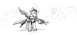 Size: 2363x1087 | Tagged: safe, artist:kerozenne, derpibooru import, oc, unofficial characters only, pegasus, alcohol, beard, beer, facial hair, grayscale, gun, image, monochrome, pegasus oc, plane, png, simple background, sketch, weapon, white background, wings