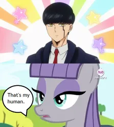 Size: 640x718 | Tagged: safe, derpibooru import, screencap, maud pie, human, pony, g4, maud pie (episode), female, image, jpeg, male, mare, mash (character), mashle: magic and muscles, my little pony, speech bubble, text