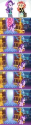 Size: 1280x5173 | Tagged: safe, artist:silverbuller, derpibooru import, edit, edited screencap, screencap, starlight glimmer, sunset shimmer, human, pony, unicorn, equestria girls, g4, bag, beanie hat, clothes, comic, duo, duo female, eyes closed, female, happy, horn, image, jpeg, library, magic, mare, portal, saddle bag, screencap comic, smiling, telekinesis, twilight's castle, twilight's castle library