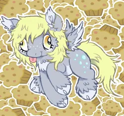 Size: 640x598 | Tagged: safe, artist:xxpuppycursed, derpibooru import, derpy hooves, pegasus, pony, g4, blonde mane, blonde tail, cheek fluff, chest fluff, cloven hooves, colored ear fluff, colored wings, derp, ear fluff, facial freckles, female, food, freckles, full body, image, jpeg, mare, messy mane, muffin, muffin background, pale belly, smiling, solo, spread wings, tail, tongue out, two toned wings, unshorn fetlocks, wings