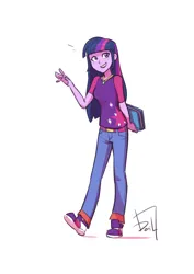 Size: 2059x2912 | Tagged: safe, artist:jurill, derpibooru import, twilight sparkle, equestria girls, g4, alternate clothes, beautiful, book, clothes, female, high res, image, jpeg, pants, purple, requested art, shirt, shoes, simple background, smiling, sneakers, solo, white background