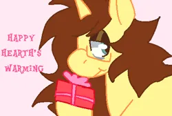 Size: 420x283 | Tagged: safe, artist:beetlebuddy, derpibooru import, oc, oc:beetlebuddy, unofficial characters only, unicorn, brown mane, colored, derpibooru exclusive, glasses, hearth's warming, horn, image, png, present, solo, tired eyes, yellow coat