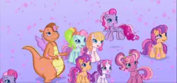 Size: 1366x639 | Tagged: safe, derpibooru import, screencap, cheerilee (g3), rainbow dash (g3), scootaloo (g3), starsong, sweetie belle (g3), whimsey weatherbe, dragon, earth pony, pegasus, pony, unicorn, g3, twinkle wish adventure, animation error, female, filly, flying, foal, g3.5, horn, image, mare, png, smiling, snow, snowfall, toola-roola, wat