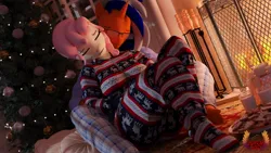 Size: 2048x1152 | Tagged: safe, artist:loveslove, ponerpics import, oc, unofficial characters only, anthro, 3d, breasts, christmas, clothes, couch, eyes closed, glasses, holiday, image, jpeg, male and female, pajamas, socks, solo