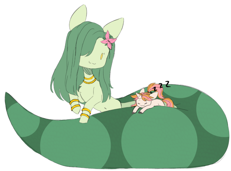 Size: 1206x896 | Tagged: safe, artist:belka-sempai, artist:polofastter, derpibooru import, oc, oc:belka, oc:lamey, unofficial characters only, cat, cat pony, lamia, original species, pony, snake, snake pony, unicorn, belly, belly button, big tail, bracelet, duo, fat tail, flower, flower in hair, horn, image, jewelry, long mane, necklace, onomatopoeia, png, ponytail, simple background, size difference, sketch, sleeping, tail, transparent background