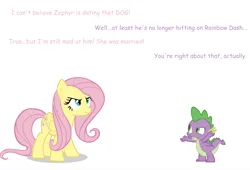 Size: 2010x1366 | Tagged: safe, artist:chir-miru, derpibooru import, editor:pascalmulokozi2, fluttershy, spike, g4, angry, comic sans, conversation, image, implied dog, implied rainbow dash, implied zephyr breeze, png, simple background, text, white background