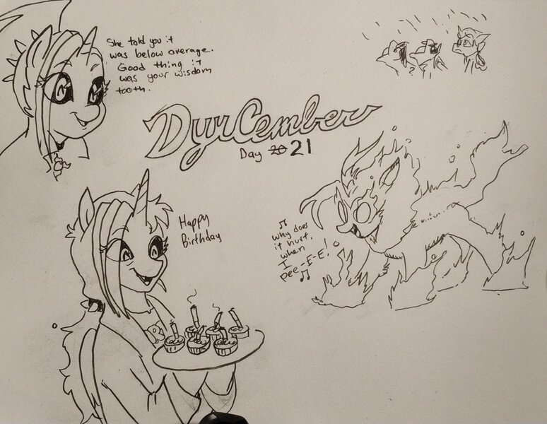 Size: 2048x1588 | Tagged: safe, artist:pony quarantine, derpibooru import, oc, oc:dyx, unofficial characters only, alicorn, kirin, nirik, pony, cigarette, cupcake, dialogue, dyxcember, eye clipping through hair, female, filly, fire, foal, food, grayscale, hoof hold, image, jpeg, kirinified, mare, monochrome, older, older dyx, pen drawing, solo, species swap, traditional art