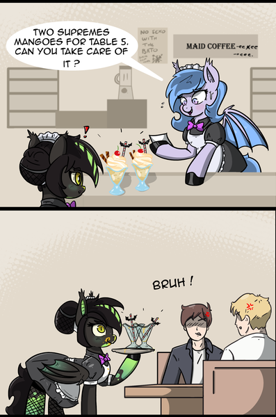 Size: 1671x2523 | Tagged: safe, artist:n-o-n, derpibooru import, oc, oc:lucky roll, oc:reeree, unofficial characters only, bat pony, human, pony, alcohol, bruh, clothes, cocktail, coffee, comic, cross-popping veins, dress, drink, eeee, emanata, female, fishnet clothing, fishnets, food, holding, ice cream, image, maid, maid cafe, maid headdress, mango, mare, png, shop, skirt, socks, speech bubble, stockings, thigh highs, tray, unprofessional, unprofessional behavior, waitress