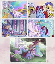 Size: 1786x2063 | Tagged: safe, artist:jennathedragon, derpibooru import, princess celestia, oc, alicorn, earth pony, pegasus, pony, unicorn, g4, balcony, blushing, canon x oc, canterlot, canterlot castle, comic, ethereal mane, ethereal tail, female, flowing mane, flowing tail, garden, happy, heart, heart eyes, horn, image, jpeg, love at first sight, male, mare, romantic, royal guard, stallion, straight, tail, throne room, wingding eyes