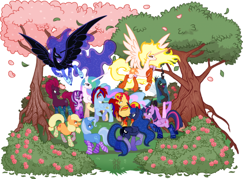 Size: 2237x1647 | Tagged: safe, artist:jennathedragon, derpibooru import, applejack, daybreaker, nightmare moon, princess celestia, princess luna, queen chrysalis, starlight glimmer, sunset shimmer, tempest shadow, trixie, twilight sparkle, twilight sparkle (alicorn), oc, alicorn, changeling, changeling queen, earth pony, pegasus, pony, unicorn, g4, bedroom eyes, bush, canon x oc, cherry blossoms, clothes, ethereal mane, ethereal tail, female, flower, flower blossom, flowing mane, flowing tail, group, horn, image, male, oc gets all the mares, png, raised hoof, rose, self paradox, self ponidox, simple background, smiling, socks, straight, striped socks, tail, transparent background, tree