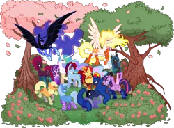 Size: 2237x1647 | Tagged: safe, artist:jennathedragon, derpibooru import, applejack, daybreaker, nightmare moon, princess celestia, princess luna, queen chrysalis, starlight glimmer, sunset shimmer, tempest shadow, trixie, twilight sparkle, twilight sparkle (alicorn), oc, alicorn, changeling, changeling queen, earth pony, pegasus, pony, unicorn, g4, bedroom eyes, bush, canon x oc, cherry blossoms, clothes, ethereal mane, ethereal tail, female, flower, flower blossom, flowing mane, flowing tail, group, horn, image, male, oc gets all the mares, png, raised hoof, rose, self paradox, self ponidox, simple background, smiling, socks, straight, striped socks, tail, transparent background, tree