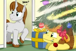 Size: 1800x1200 | Tagged: safe, artist:hoofclid, derpibooru import, braeburn, oc, oc:hoofclid, earth pony, pony, unicorn, g4, bow, canon x oc, christmas, christmas tree, duo, duo male, flower, flower in mouth, gay, grin, holiday, horn, image, male, mouth hold, png, present, rose, rose in mouth, smiling, stallion, tree