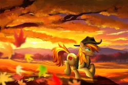 Size: 2700x1800 | Tagged: safe, artist:allegrenix, derpibooru import, braeburn, earth pony, pony, g4, autumn, autumn leaves, clothes, cowboy hat, forest, hat, image, leaf, leaves, male, nature, outdoors, png, running, solo, stallion, sunset, tree, vest