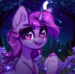 Size: 2921x2908 | Tagged: safe, artist:radioaxi, derpibooru import, oc, unofficial characters only, bat, bat pony, pony, crescent moon, fangs, forest, high res, horn, image, looking at you, moon, nature, night, night sky, open mouth, open smile, png, raised hoof, sky, smiling, smiling at you, solo, stars, tree