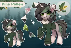 Size: 3462x2351 | Tagged: safe, artist:radioaxi, derpibooru import, oc, oc:pine pollen, unofficial characters only, pony, unicorn, eye clipping through hair, high res, horn, image, png, raised hoof, reference sheet, smiling, solo, unicorn oc