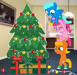 Size: 3291x3174 | Tagged: safe, artist:memeartboi, derpibooru import, ponified, earth pony, pegasus, pony, g4, anais watterson, brother and sister, brothers, carrying, christmas, christmas presents, christmas tree, clothes, colt, cute, daisy the donkey, darwin watterson, decorating, female, filly, foal, gift wrapped, gumball watterson, holding a pony, holiday, image, indoors, jpeg, little sister, male, one eye closed, pegasus wings, present, siblings, socks, spread wings, stack, stacking, standing, stars, teeth, the amazing world of gumball, tree, trio, wings