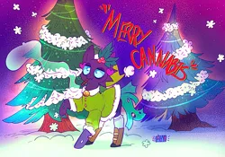 Size: 2000x1398 | Tagged: safe, artist:ayyolilikoi, derpibooru import, oc, unofficial characters only, changeling, bell, bell collar, changeling oc, christmas, christmas tree, collar, drug use, drugs, holiday, holly, image, marijuana, png, raised hoof, smoking, solo, tree