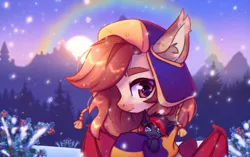 Size: 2289x1440 | Tagged: safe, artist:radioaxi, derpibooru import, oc, unofficial characters only, bat pony, pony, bat pony oc, bat wings, commission, duo, ear fluff, forest, hat, image, nature, outdoors, png, rainbow, scenery, snow, snowfall, sun, tree, wings, winter