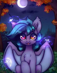 Size: 2414x3083 | Tagged: safe, artist:radioaxi, derpibooru import, oc, oc:scrimmy, unofficial characters only, bat pony, butterfly, insect, pony, :p, bat pony oc, bat wings, crescent moon, fangs, high res, image, looking at you, male, moon, night, night sky, png, sky, smiling, smiling at you, solo, stallion, stars, tongue out, tree, wings