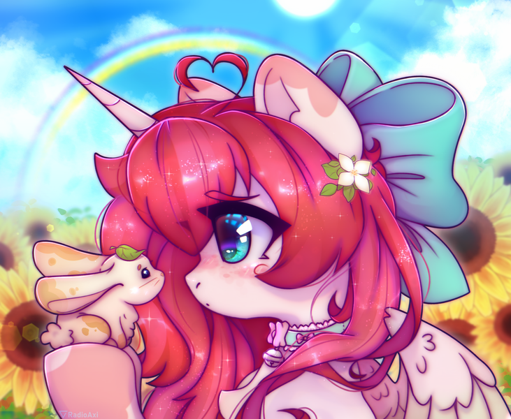 Size: 3823x3139 | Tagged: safe, artist:radioaxi, derpibooru import, oc, oc:nokori, oc:nokori light, unofficial characters only, alicorn, pony, rabbit, alicorn oc, animal, bow, female, flower, hair bow, high res, horn, image, looking at something, mare, outdoors, partially open wings, png, rainbow, solo, sunflower, wings