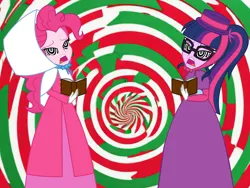 Size: 6008x4524 | Tagged: safe, artist:cartoonmasterv3, derpibooru import, pinkie pie, sci-twi, twilight sparkle, human, equestria girls, g4, advent calendar, caroling, christmas, christmas 2024, clothes, dress, duo, female, gown, holiday, hypno eyes, hypnosis, hypnotized, image, long dress, long skirt, png, skirt, victorian