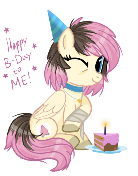 Size: 1541x1953 | Tagged: safe, artist:jennieoo, derpibooru import, oc, oc:gentle star, pony, bandage, birthday, birthday cake, cake, food, hat, image, jewelry, necklace, one eye closed, party hat, png, simple background, sitting, solo, stars, transparent background, wink, winking at you