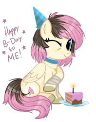 Size: 1541x1953 | Tagged: safe, artist:jennieoo, derpibooru import, oc, oc:gentle star, pony, bandage, birthday, birthday cake, cake, food, hat, image, jewelry, necklace, one eye closed, party hat, png, simple background, sitting, solo, stars, transparent background, wink, winking at you