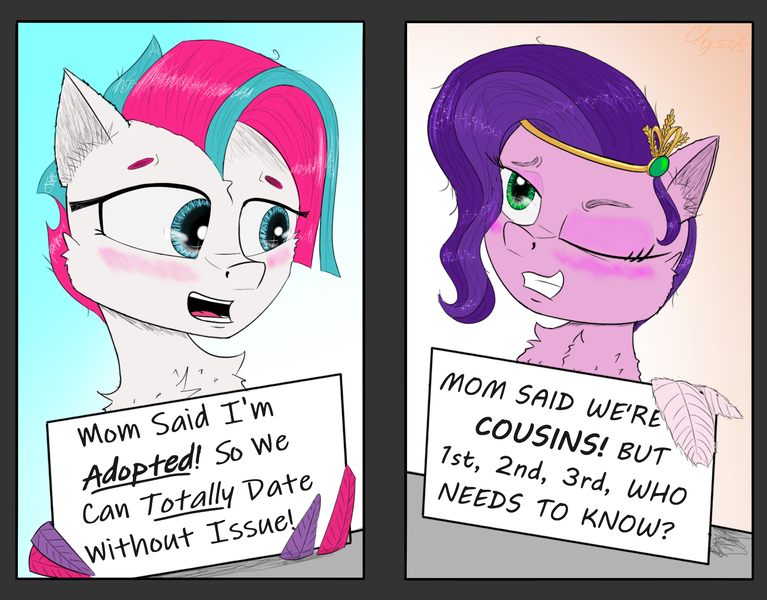 Size: 1850x1448 | Tagged: safe, artist:chopsticks, derpibooru import, pipp, pipp petals, zipp storm, pegasus, pony, g5, 2 panel comic, alternate hairstyle, blushing, cheek fluff, chest fluff, comic, duo, eyeshadow, female, fun couples game meme, gradient background, image, implied queen haven, incest, lesbian, looking at each other, looking at someone, makeup, mare, one eye closed, open mouth, pipp is short, png, royal sisters (g5), ship:petalstorm, shipping, siblings, sisters, smiling, text, wing hands, wings, wink