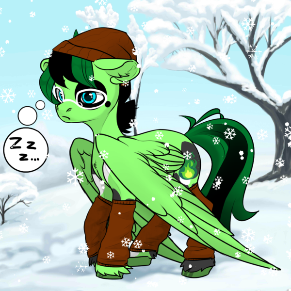 Size: 1024x1024 | Tagged: safe, derpibooru import, oc, unofficial characters only, pegasus, pony, avatar maker fantasy pony, chat bubble, clothes, eyeshadow, glasses, green skin, hat, image, makeup, male, png, snow, snowfall, socks, solo, stallion, tail, tree, two toned mane, two toned tail