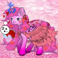 Size: 1024x1024 | Tagged: safe, derpibooru import, oc, unicorn, avatar maker fantasy pony, body design, book, chat bubble, clothes, ear accessory, eyelashes, glasses, glow, glowing horn, heart, horn, image, pink background, pink mane, pink skin, pink tail, png, simple background, stars, tail