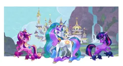 Size: 827x448 | Tagged: safe, artist:etoilin-adopts, derpibooru import, part of a set, princess cadance, princess celestia, twilight sparkle, oc, galarian ponyta, galarian rapidash, pony, ponyta, rapidash, unicorn, g4, adoptable, colored horn, crossover, horn, image, jpeg, looking at you, pokémon, race swap, simple background, solo, white background