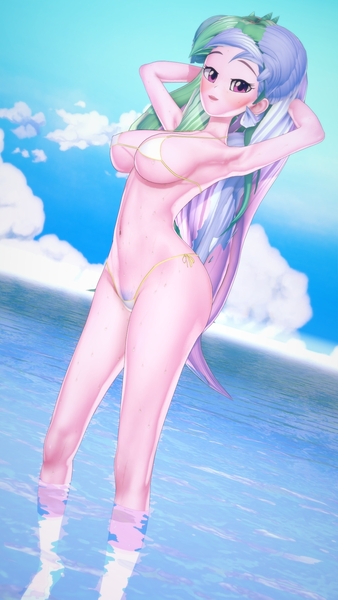 Size: 1080x1920 | Tagged: suggestive, artist:hornydogo, derpibooru import, princess celestia, human, equestria girls, g4, 27 years old (girls), 3d, adult, adult female, arm behind head, armpits, ass, beach, beautiful, beautisexy, belly button, big breasts, bikini, bikini babe, bikini bottom, bikini top, blushing, breasts, busty princess celestia, butt, clothes, cloud, day, female, fit, hot, human coloration, image, jpeg, koikatsu, legs, legs in the water, lipstick, long hair, looking at you, makeup, micro bikini, multicolored hair, ocean, pose, principal celestia, pubic hair, pubic hair slip, seductive, seductive look, seductive pose, sexy, smiling, smiling at you, solo, solo female, stupid sexy celestia, sunbutt, sweat, sweatdrop, sweatdrops, swimsuit, thin, vacation, water, wet, wet skin, woman