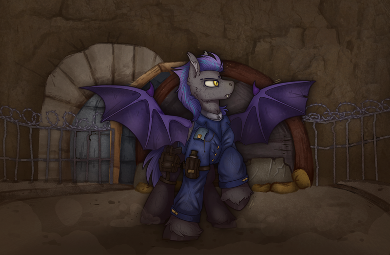 Size: 2300x1500 | Tagged: safe, artist:molars, derpibooru import, oc, unofficial characters only, bat pony, fallout equestria, ashes town, clothes, commission, complex background, concrete, determined, ear fluff, fallout equestria: bastion, fangs, fluffy, gun, handgun, image, jacket, knife, military, military uniform, multicolour mane, pistol, png, purple wings, rubble, shirt, solo, spread wings, tunnel, uniform, unshorn fetlocks, weapon, wings, yellow eyes