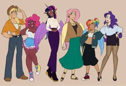 Size: 2048x1398 | Tagged: safe, artist:timelessclownry, derpibooru import, applejack, fluttershy, pinkie pie, rainbow dash, rarity, twilight sparkle, human, g4, abs, alicorn humanization, alternate hairstyle, applejack's hat, belly, belly button, belt, blackwashing, bomber jacket, boots, bracelet, clothes, converse, cowboy boots, cowboy hat, dark skin, denim, ear piercing, earring, elf ears, eyeshadow, fat, feet, female, grin, hat, high heel boots, high heels, horn, horned humanization, humanized, image, jacket, jeans, jewelry, jpeg, lipstick, makeup, mane six, midriff, nail polish, necklace, pants, piercing, sandals, shirt, shoes, shorts, simple background, skirt, smiling, socks, sports bra, stockings, thigh highs, winged humanization, wings, yellow background