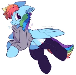 Size: 2459x2433 | Tagged: safe, artist:spookyfoxinc, derpibooru import, rainbow dash, pegasus, pony, g4, blushing, clothes, female, hoodie, image, mare, png, simple background, smiling, socks, solo, spread wings, white background, wings