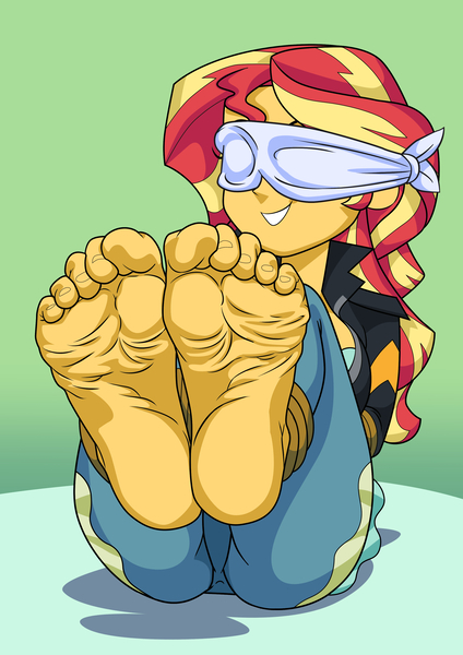 Size: 2480x3508 | Tagged: suggestive, artist:art-2u, derpibooru import, sunset shimmer, human, equestria girls, g4, ankle tied, arm behind back, blindfold, bondage, bunset shimmer, butt, feet, feet tied, femsub, fetish, foot fetish, image, jpeg, legs in air, rope, rope bondage, smiling, soles, submissive, subset, tied up