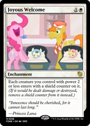 Size: 375x523 | Tagged: safe, derpibooru import, edit, carrot cake, pinkie pie, pound cake, pumpkin cake, earth pony, pegasus, pony, unicorn, baby cakes, g4, ccg, crib, foal, horn, image, implied princess luna, magic the gathering, maternity ward, my little pony, png, trading card, trading card edit, trading card game