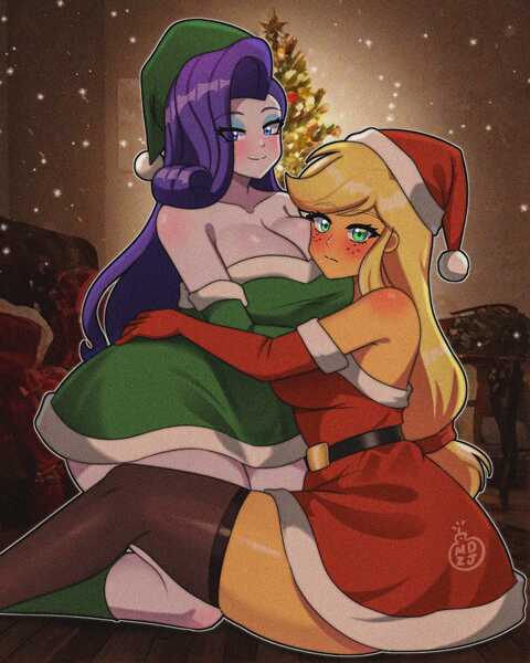 Size: 1024x1280 | Tagged: safe, artist:masterdestroyzj, applejack, rarity, equestria girls, applebucking thighs, big breasts, blue eyes, blushing, breasts, busty applejack, busty rarity, christmas, clothes, costume, detached sleeves, female, gloves, green eyes, hat, holiday, image, jpeg, lesbian, looking at you, makeup, rarijack, rarithighs, santa costume, santa hat, shipping, thighs, thunder thighs