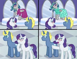 Size: 6600x5100 | Tagged: safe, artist:artisticwerks, derpibooru import, rarity, oc, oc:light breeze, oc:mythic blue hope, alicorn, pony, unicorn, g4, absurd resolution, clothes, dress, female, glasses, horn, image, jpeg, life's a breeze, male, mare, offspring, parent:king sombra, parent:princess celestia, parents:celestibra, rarity's glasses, stallion