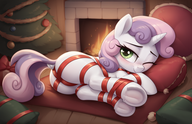 Size: 3584x2320 | Tagged: suggestive, ai content, anonymous prompter, machine learning generated, sweetie belle, pony, unicorn, bondage, butt, christmas, christmas tree, cushion, dock, female, filly, fire, fireplace, foalcon, generator:pony diffusion v6 xl, gift wrapped, holiday, image, indoors, looking at you, lying down, one eye closed, png, present, smiling, solo, tree, underage, underhoof