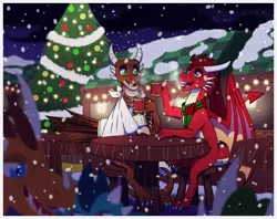 Size: 1772x1400 | Tagged: safe, artist:inuhoshi-to-darkpen, derpibooru import, oc, oc:ash, oc:thornacious, dragon, wyvern, bandage, broken bone, broken wing, cast, christmas market, claws, colored wings, commission, dragon oc, dragonified, image, injured, mulled wine, non-pony oc, nonbinary, png, sling, snow, snowfall, species swap, tail, wings