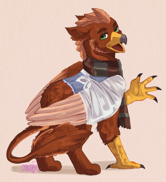 Size: 3369x3688 | Tagged: safe, artist:mesmeriz3me, derpibooru import, oc, oc:pavlos, gryphon, bandage, beak, broken bone, broken wing, cast, cheek fluff, claws, clothes, colored wings, commission, eared griffon, griffon oc, image, injured, non-pony oc, nonbinary, png, scarf, sling, tail, vest, waving, wings