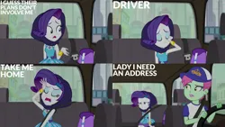 Size: 1280x720 | Tagged: safe, derpibooru import, edit, edited screencap, editor:quoterific, screencap, cab callaway, rarity, human, equestria girls, fomo, g4, spoiler:eqg series (season 2), image, jpeg, melodrama, my little pony equestria girls: better together, rarity being rarity, rarity peplum dress, seatbelt, seriously, taxi