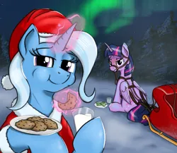 Size: 2357x2044 | Tagged: safe, artist:eels, derpibooru import, trixie, twilight sparkle, twilight sparkle (alicorn), alicorn, pony, unicorn, g4, christmas, clothes, cookie, costume, eating, food, glow, glowing horn, harness, hat, holiday, hoof hold, horn, image, looking at someone, looking at you, magic, milk, night, outdoors, plate, png, santa costume, santa hat, santa's sleigh, sitting, sleigh, snow, sternocleidomastoid, tack, telekinesis, tree, winter